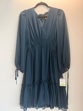 Taylor Dresses Teal Midi Dress with Long Sleeve V-Neck